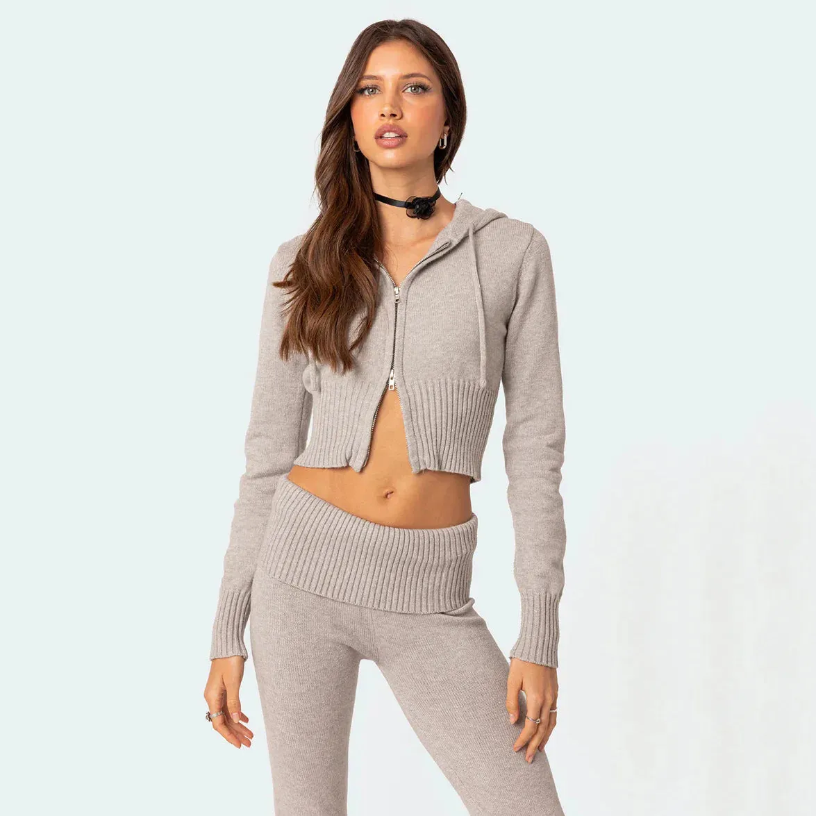 Women's High-Waist Knit Hooded Fashionable Long-Sleeve Top & Trousers