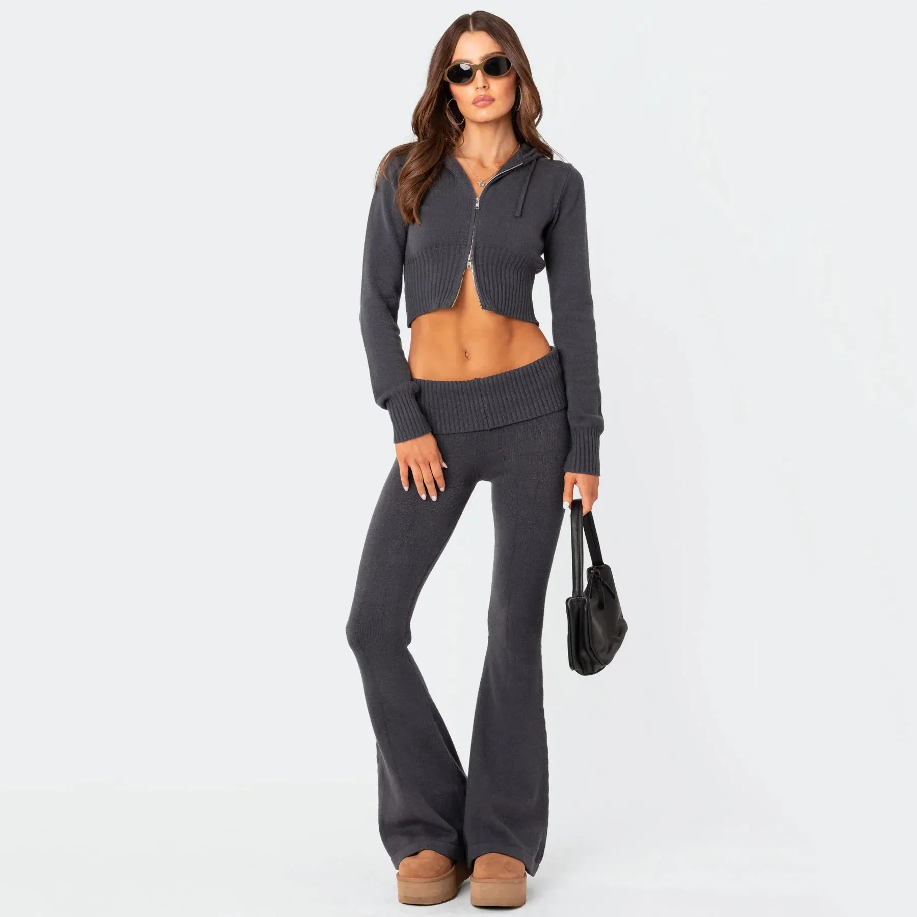 Women's High-Waist Knit Hooded Fashionable Long-Sleeve Top & Trousers